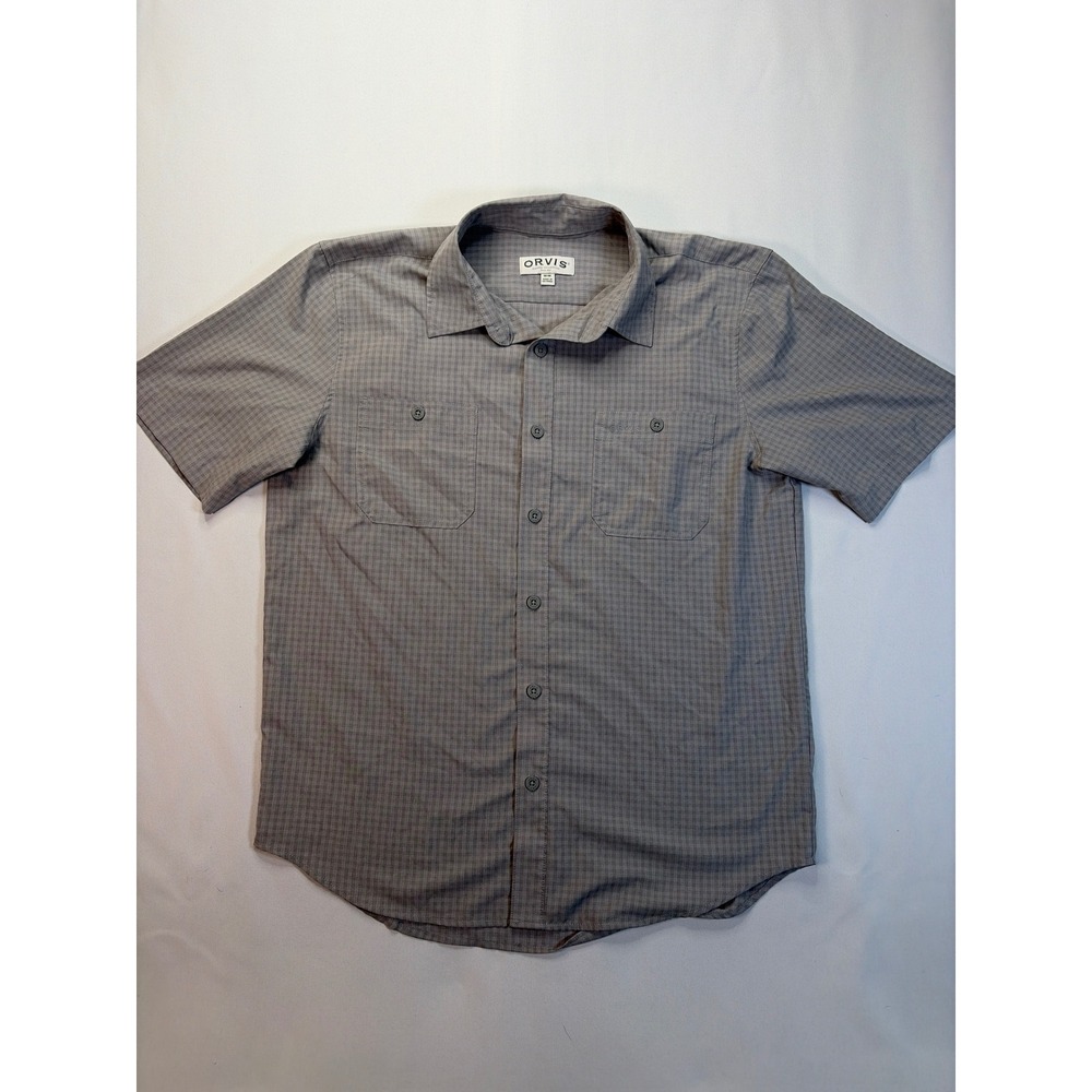 Orvis Mens Medium Gray Plaid Short Sleeve Button Down Shirt Microfiber Hem Wipe